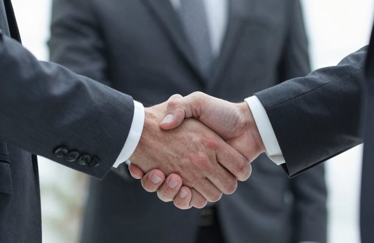 Close up of a professional handshake between two executives in suits, sharp focus, professional lighting, reflecting trust and partnership.
