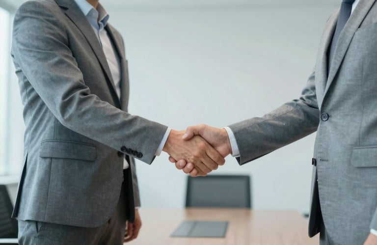 Two professionals shaking hands in a Global / Corporate boardroom, demonstrating trust and long-term client relationships. Accents of light blue-grey.