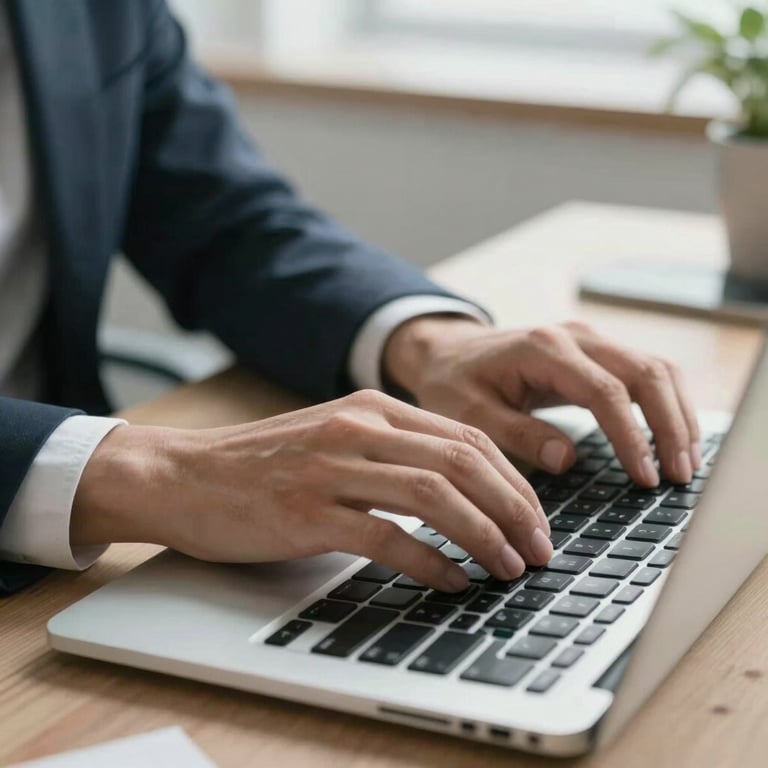 A close-up of hands typing on a modern keyboard, professional business attire, bright and efficient Italian workspace.