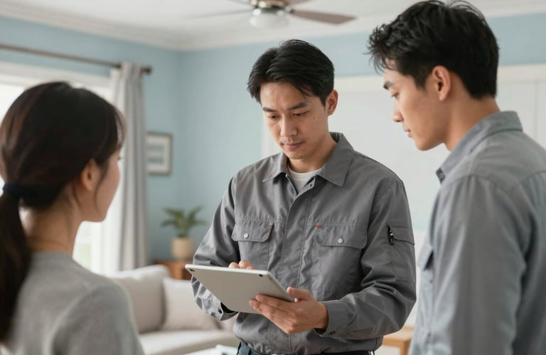 A professional electrician wearing a clean uniform, consulting with a homeowner in a North American / US living room. They are looking at a tablet together. The room is brightly lit with a soft dusty blue palette.