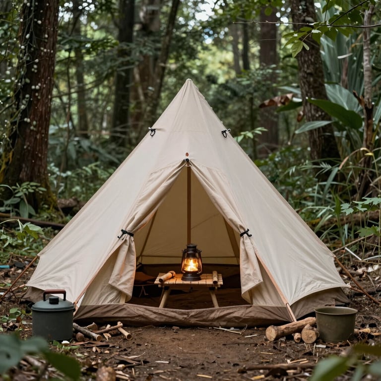 A glowing campfire surrounded by camping chairs with a tent pitched nearby at dusk.
