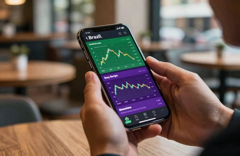 Close up shot of hands holding a premium smartphone displaying a financial dashboard with green and violet accents, in a sophisticated urban cafe in Brazil.