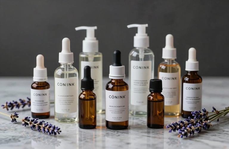 A collection of premium skincare bottles and essential oils arranged on a polished marble surface, decorated with soft lavender flowers and lit with high-key professional lighting.