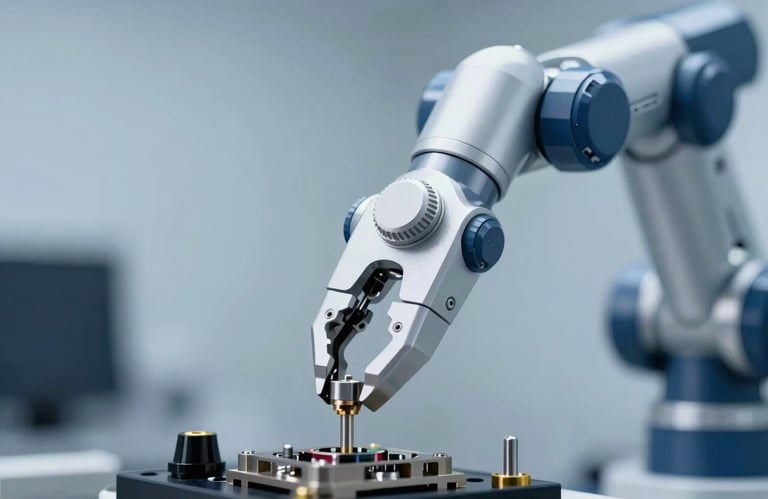 A macro shot of a robotic arm gripper holding a precision component, style is clean and professional with a color scheme of #415A77 and silver.