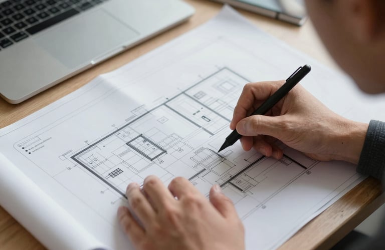 A top-down view of an engineer working with a digital stylus on a high-tech blueprint, showcasing sophistication and forward-thinking design.