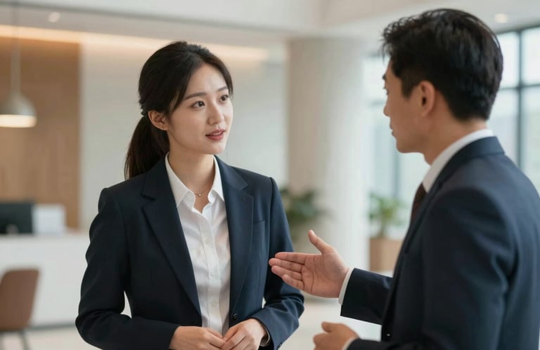 A candid photograph of two people in professional attire having a supportive, encouraging conversation in a modern North American office lobby.