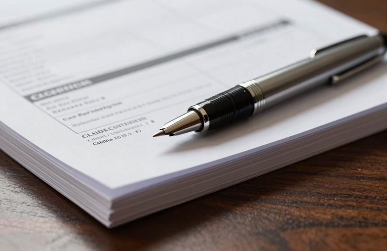 A macro photograph of a high-quality pen resting on a neat stack of credit report documents on a dark wood desk in a professional study.