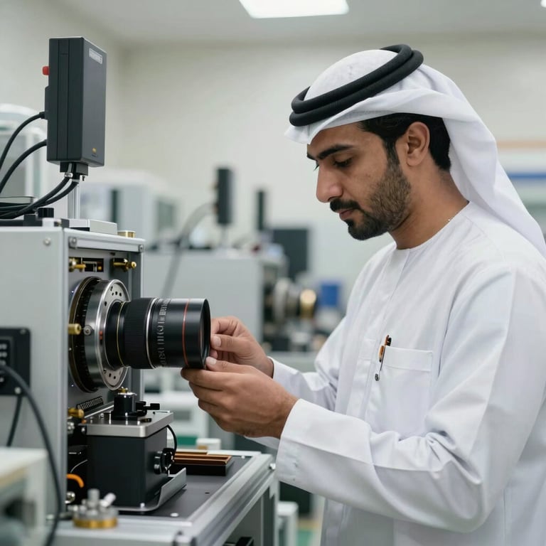 An action shot of a logistics professional in a clean white uniform inspecting high-tech components in a bright Middle Eastern / Gulf facility.