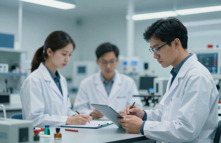 Technical diagram overlay on a blurred background of engineers working in a lab. Colors: #6A8CA9 and #F0F4F8.