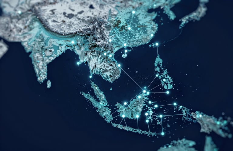 Map of Southeast Asia with glowing data nodes representing regional hubs. Colors: #6A8CA9 and #F0F4F8 on #0F1C2E.