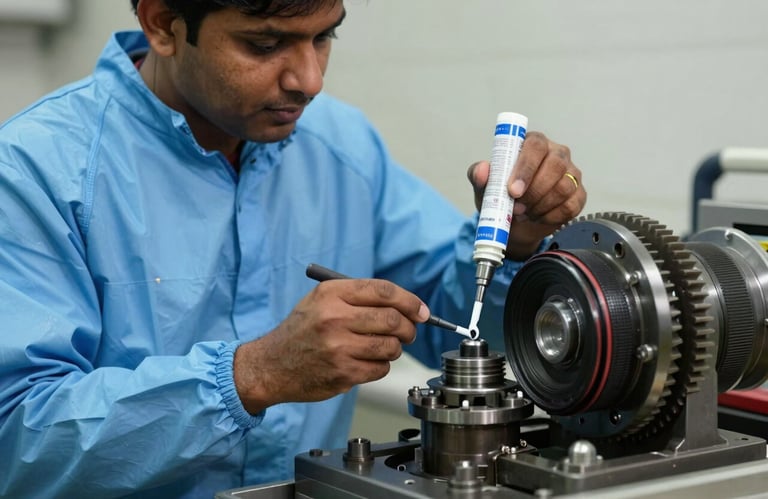 A South Asian / Indian technician wearing sky blue protective gear carefully lubricating a complex gear assembly with high-grade grease.
