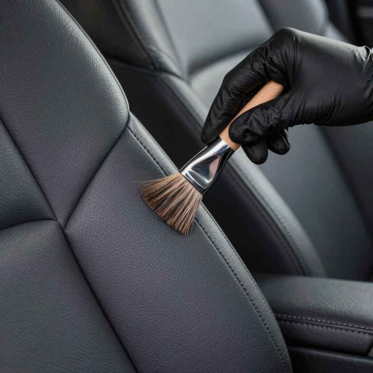 Close-up of hands in black professional gloves using a detail brush on a leather car seat seam, clean and modern aesthetic, deep grey tones.