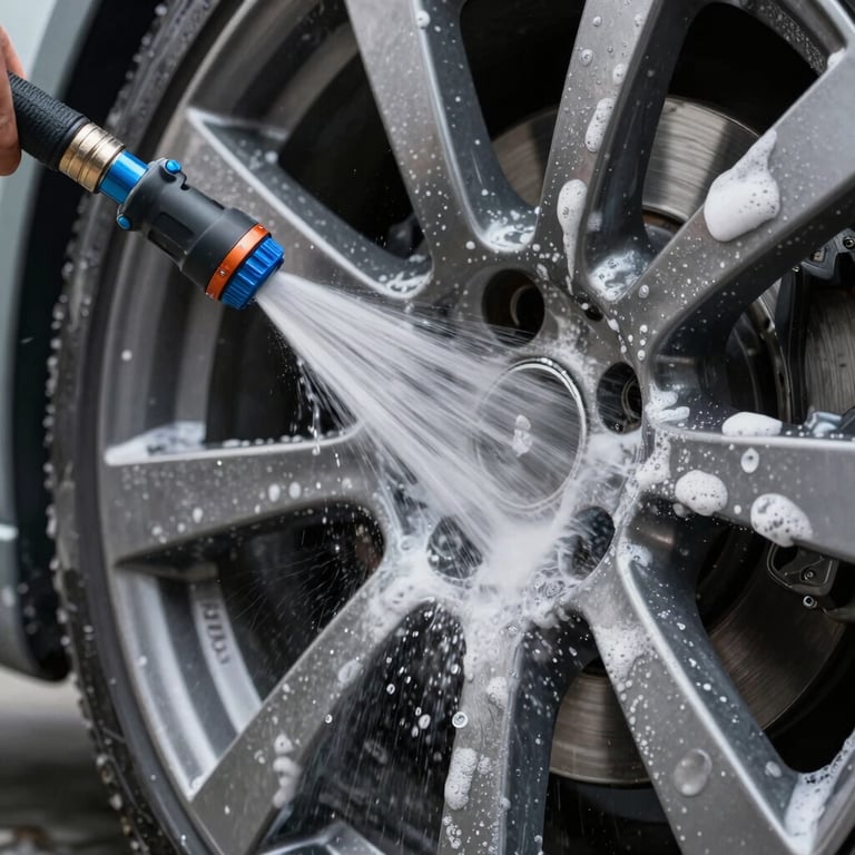Macro shot of a high-pressure water nozzle rinsing soap off a multi-spoke alloy wheel, water spraying, electric blue accents, professional cleaning studio lighting.