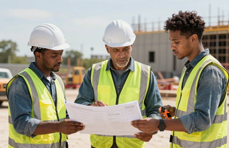Candid photograph of a seasoned professional and a younger worker, a family team in work gear, discussing a project on a North American / US construction site.