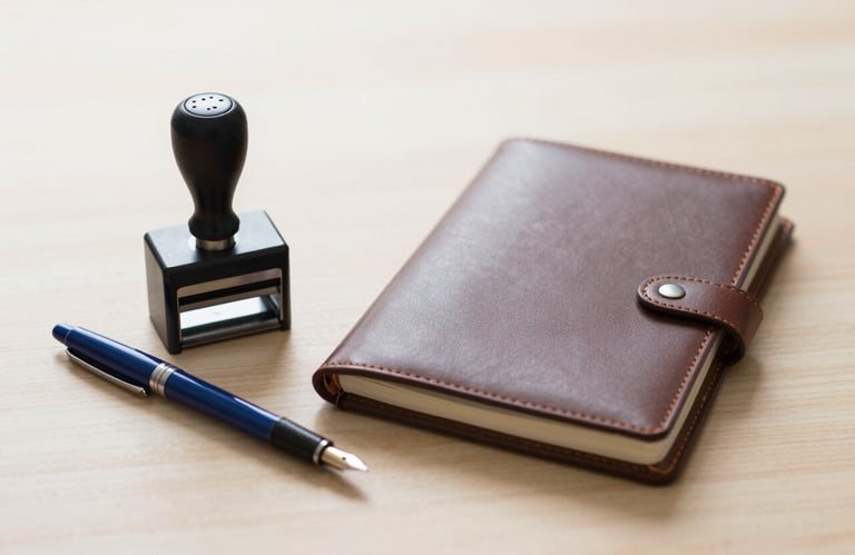 A flat lay of official notary tools including a heavy-duty stamp, a blue fountain pen, and a leather-bound logbook on a light wood surface.