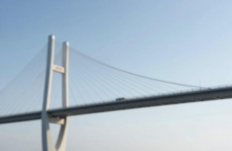 A conceptual image of a bridge connecting two points under a clear sky, symbolizing the link between current effort and future security, with #DFE6EB tones.