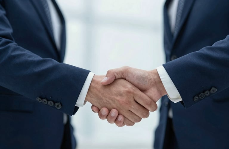 A close-up of two people in business attire shaking hands firmly, soft focus on the background, corporate trust theme using #0A2C42 and #DFE6EB palette.