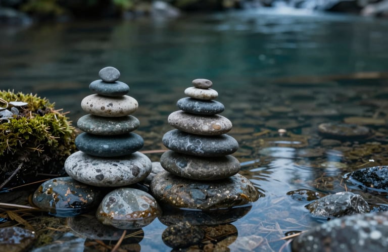 A still life photograph of smooth, stacked river stones beside a North American creek. The water is clear and calm, reflecting the dark teal of the sky and the muted green of surrounding moss.
