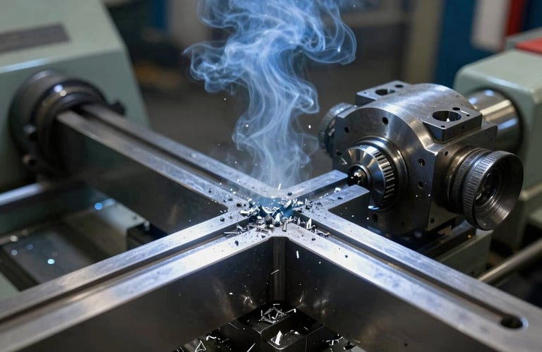 Detailed shot of a metal lathe operation with metal shavings and a cool light steel blue industrial fluid mist.
