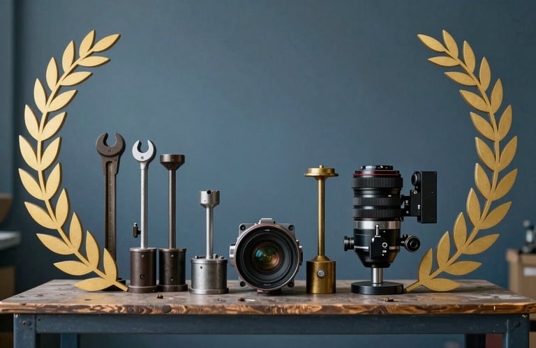 New industrial equipment and heavy tools arranged neatly on a platform with a background of muted blue tones.