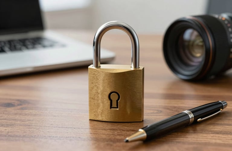 A secure digital lock and a professional pen on a wooden table in a South American / Brazilian office, symbolizing data protection.