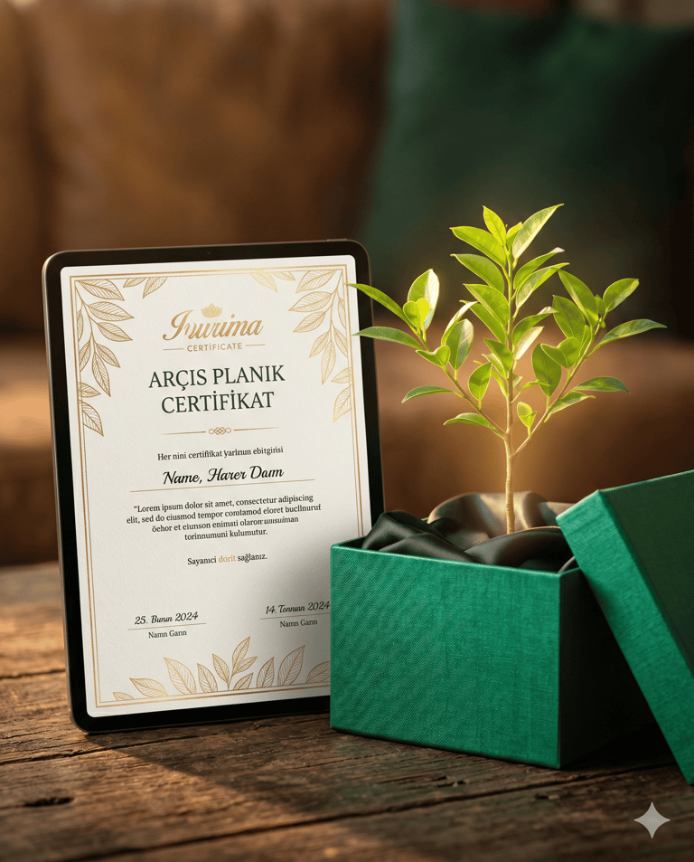 A digital certificate on a tablet next to a small green plant in a gift box on a wooden table.