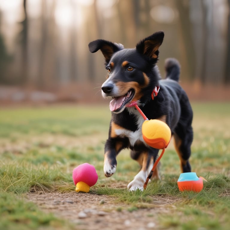 A happy dog wearing a stylish Aura for Pets collar sitting in a sunlit garden.