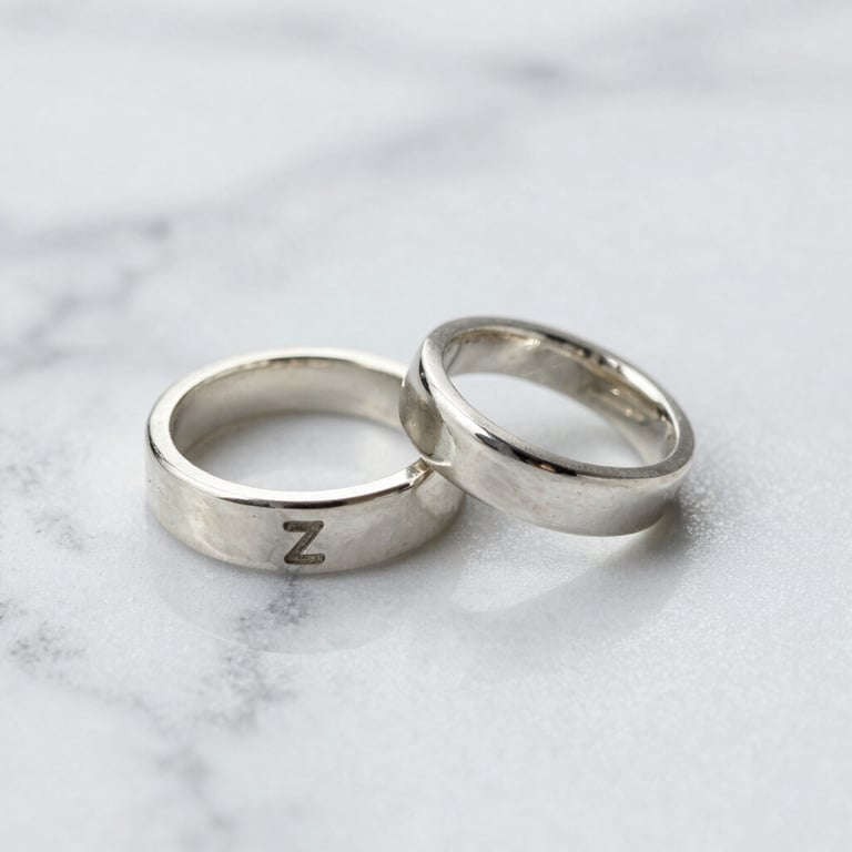 Close-up of a handcrafted silver ring with a subtle jade green accent, resting on a smooth gray stone.