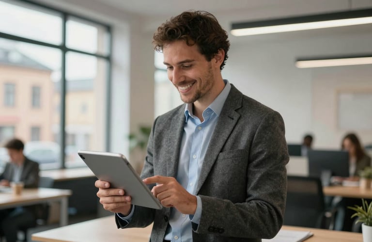 A candid shot of a professional real estate agent in smart casual attire, smiling while looking at a tablet in a bright, modern office space in a Northern European city. The image conveys ease of use and professionalism.