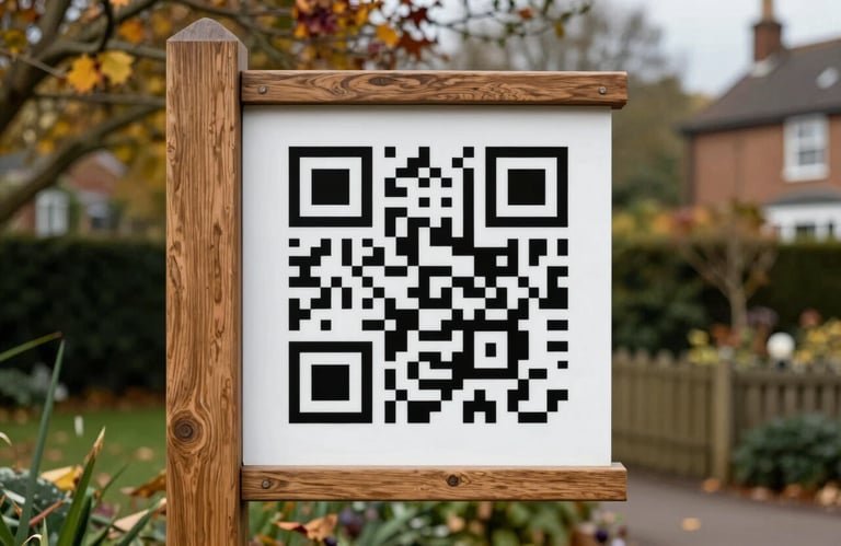 A minimalist, high-contrast shot of a sleek QR code integrated into a stylish wooden property signpost. The background shows a blurred, leafy British suburban garden in autumn. Clean lines and professional composition.