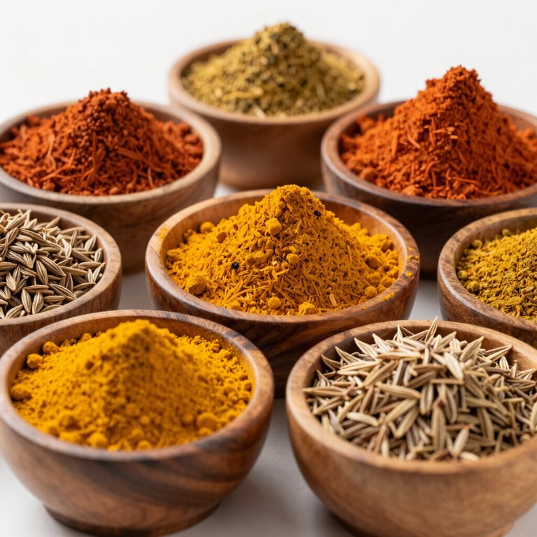 An artistic arrangement of colorful Middle Eastern spices including turmeric and cumin in wooden bowls, vibrant and fresh.