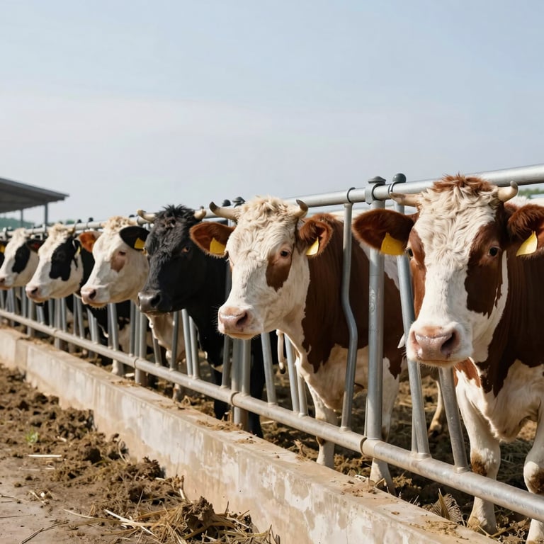 A scenic view of healthy livestock in a clean, professional agricultural environment, bright daylight, high-quality trade context.