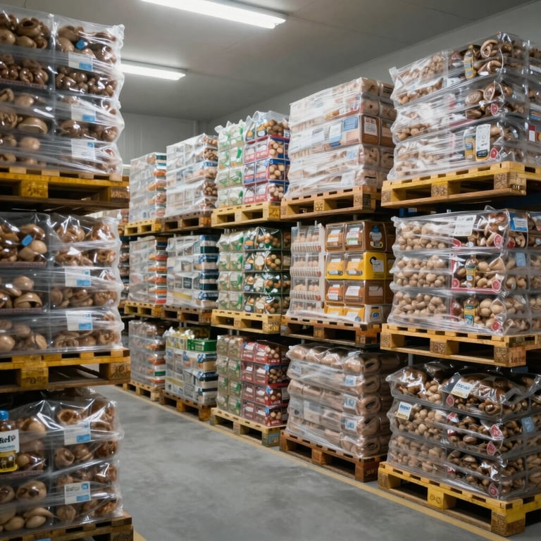 Interior of a modern and sterile cold storage facility showing organized pallets of food products, highlighting logistics excellence.