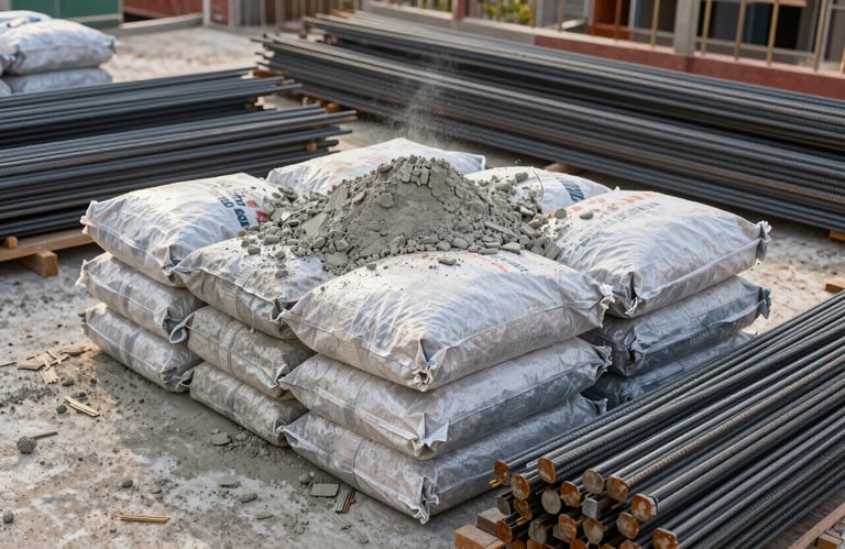 A detailed shot of high-quality construction materials, including bags of cement and steel rebar, stacked neatly on a clean South American Brazilian job site, soft morning light.