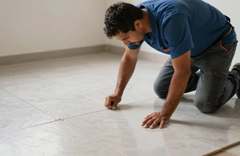 A South American Brazilian worker in professional uniform carefully installing modern large-format floor tiles in an apartment, high precision work, clean environment.