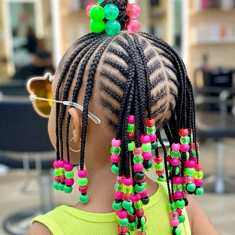 Professional kids hairstyling with braided cornrows and colorful beads in a safe salon environment