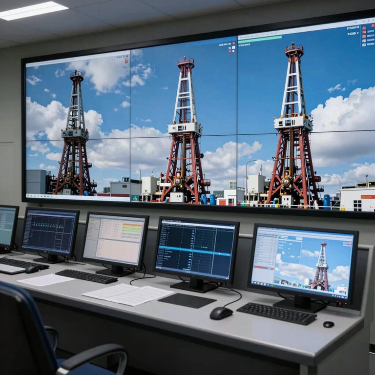 A high-tech control room interior with monitors showing real-time drilling data in steel blue and cloud white tones, International / Global.