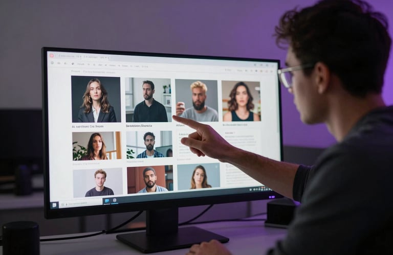 Behind-the-scenes photography of a creative director reviewing content on a large monitor in a North American / US agency. Soft light grey and deep purple lighting highlights.