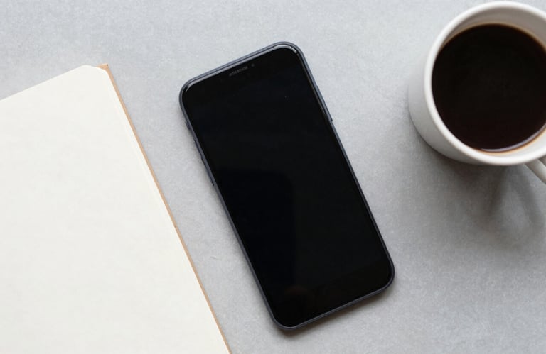 Flat lay of creative marketing tools: a smartphone, a minimalist notebook, and a coffee cup on a light grey surface. Clean, professional North American / US aesthetic.