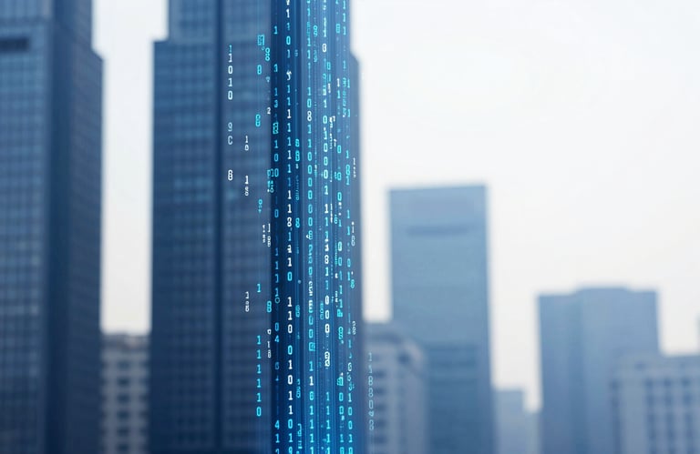 An abstract high-tech image of digital data streaming into a building silhouette, rendered in #0A1C2C and #7ABDCF to represent digital transformation in AEC.