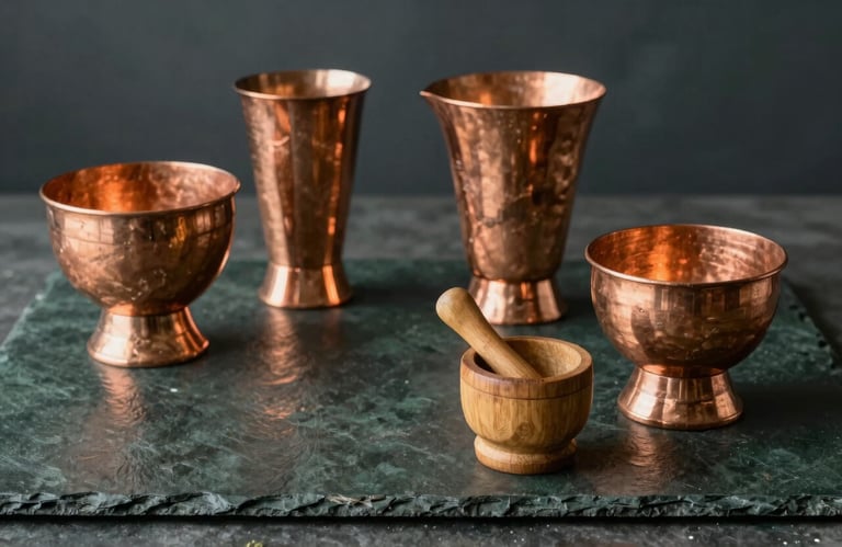 Polished copper ritual vessels and a small wooden mortar on a dark slate green table, reflecting a warm, tranquil glow.