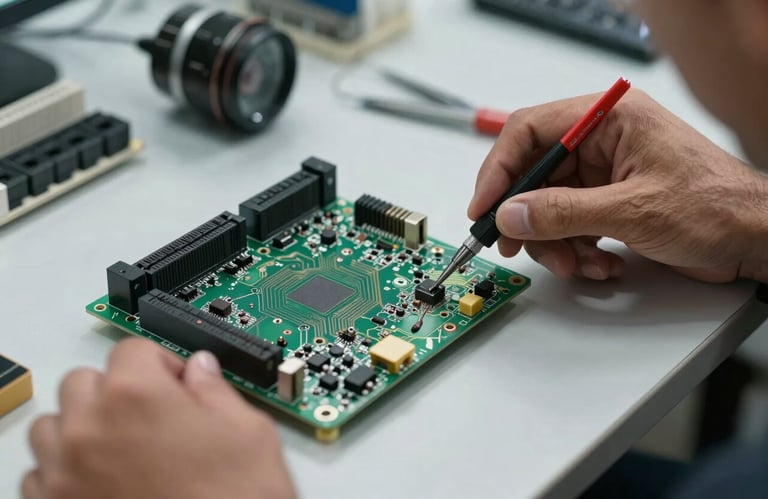 A professional setting showing hands of an IT expert repairing a sophisticated electronic circuit board with precision tools, South American / Brazilian workplace, soft silver and charcoal tones.