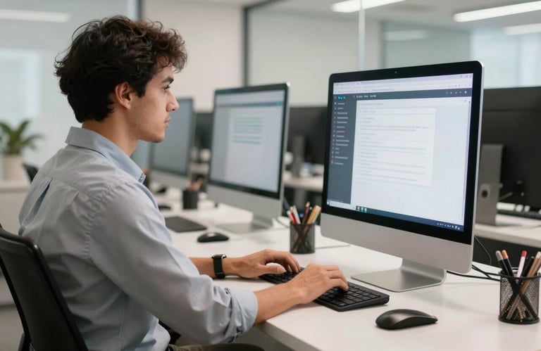 A modern, bright office interior in Brazil where a professional is working on a high-end desktop computer, focus on ergonomics and a clean tech-centric lifestyle.