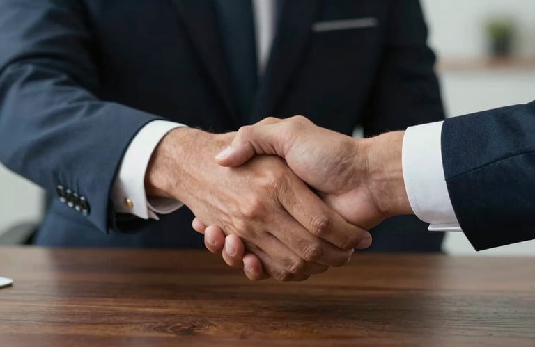 Close-up of two people shaking hands over a dark wooden desk in a gesture of support and agreement. Latin American setting, professional business attire, warm and reassuring lighting.