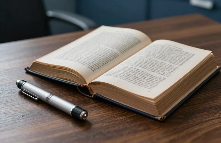 Photography of an antique law book open on a wooden table, next to a modern medical penlight. Sharp focus, sophisticated atmosphere, Latin American office, tones of Slate Blue and Gray.