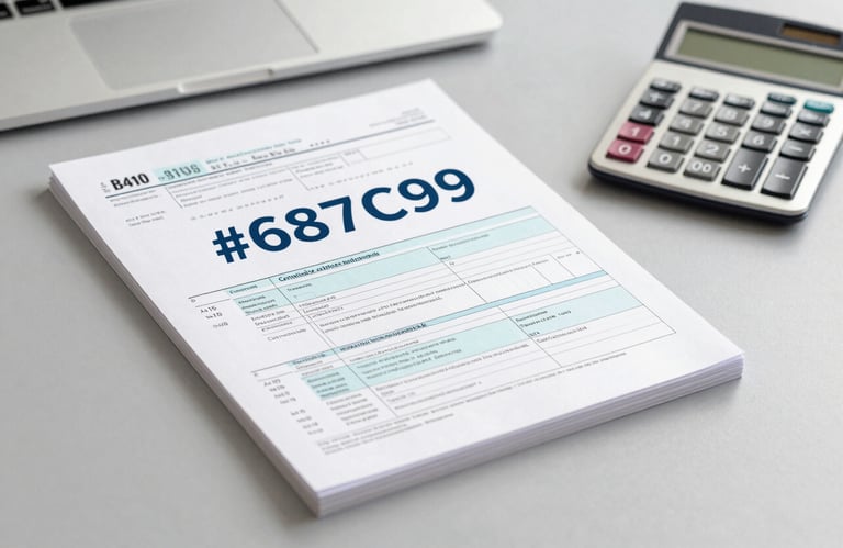 An organized stack of tax forms and a modern calculator on a clean grey desk, representing precision and accounting expertise, incorporating #687C92.