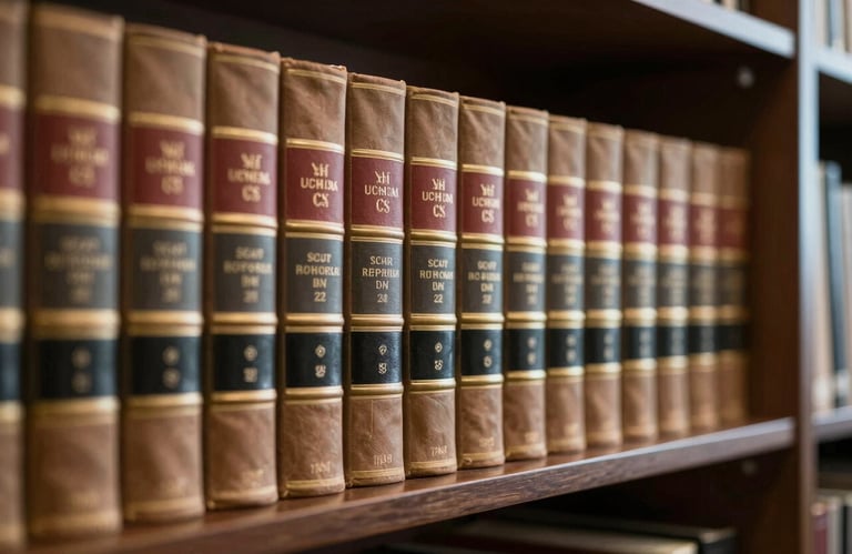 A row of leather-bound law books on a dark wooden shelf in a bright, modern corporate library, symbolizing legal authority and CS expertise.