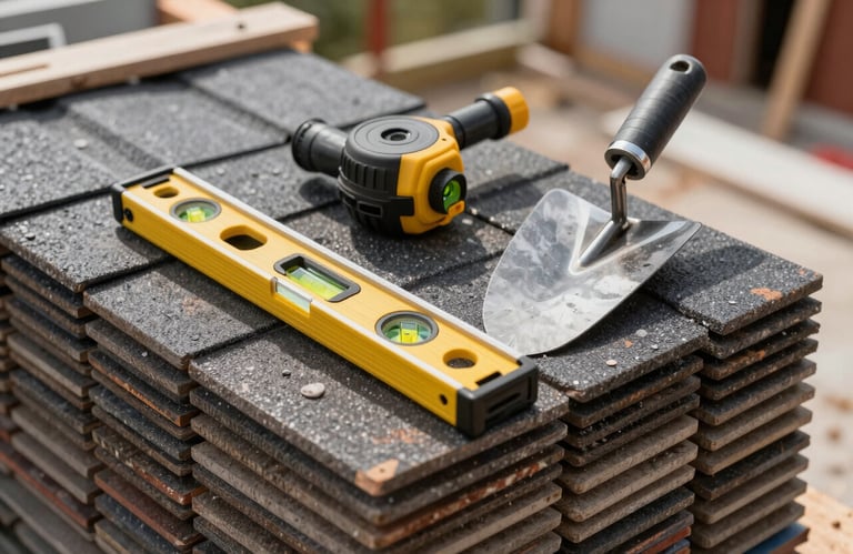 Professional construction tools including a spirit level and trowel resting on a stack of high-quality roofing tiles, Western European construction site.