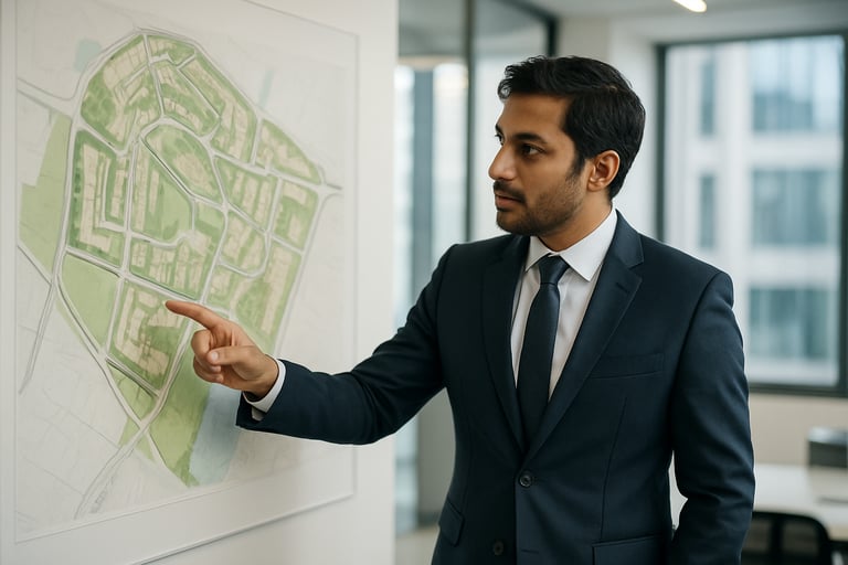 A South Asian / Indian professional real estate consultant in a tailored suit pointing at a detailed property development map in a modern, bright office.