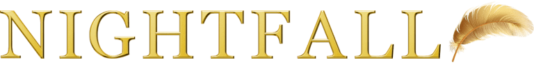 NIGHTFALL written in gold leters, with a gold feather at the end